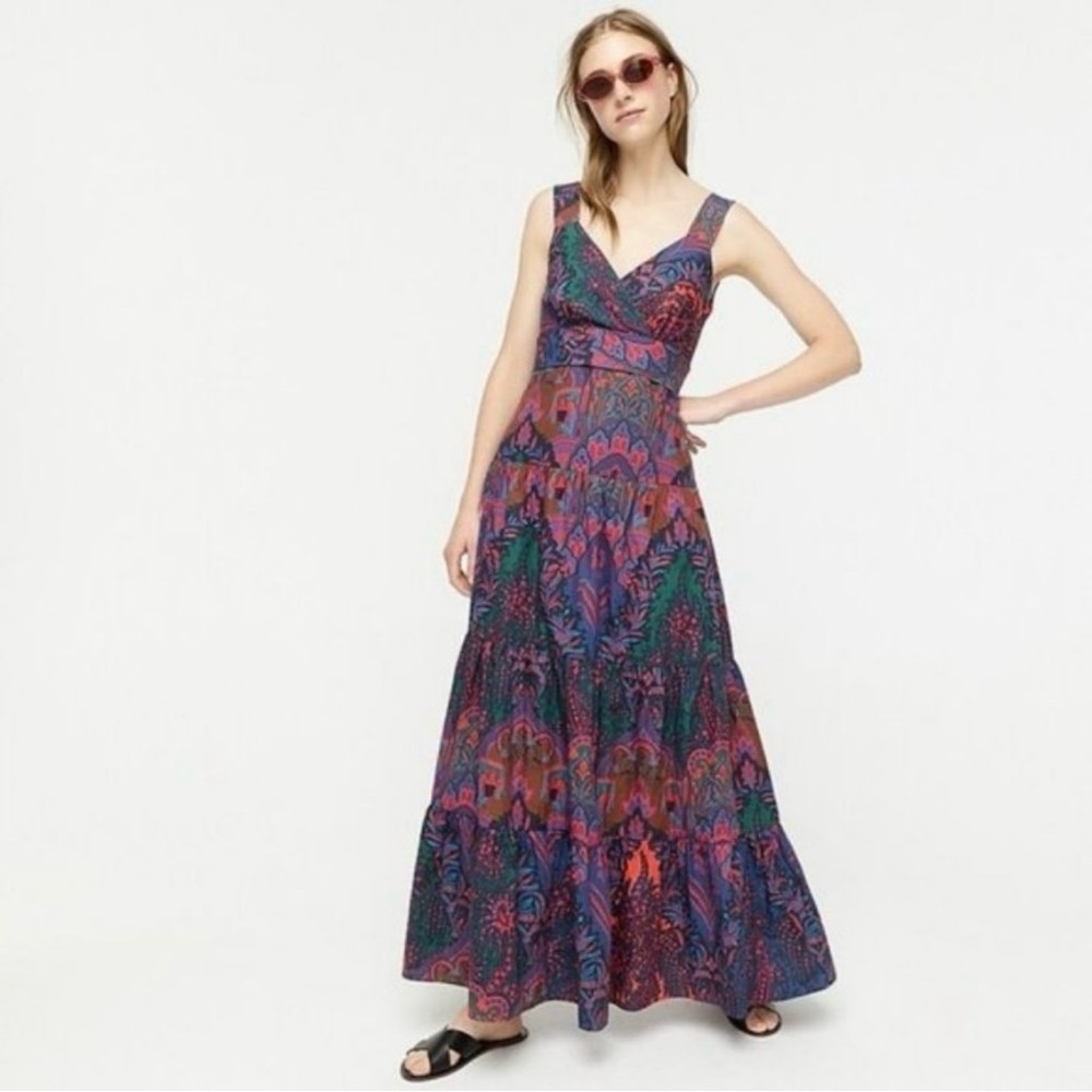 J.Crew Dress Womens Size 6 Tiered Maxi Ratti Paisley Sleeveless V-Neck Waist Tie